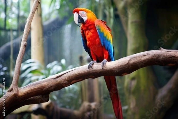 Fototapeta rainbow scarlet macaw perched on a branch in a jungle
