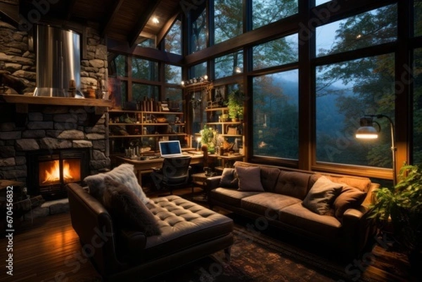 Fototapeta Cozy cabin style with a fireplace, Generative AI
