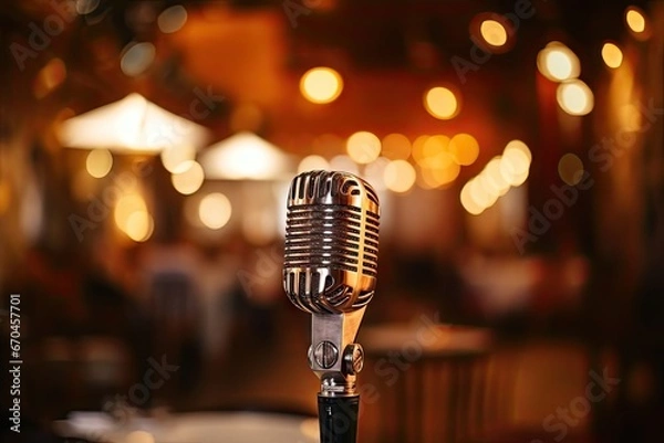 Fototapeta Vintage echoes. Retro microphone set musical entertainment. Classic vibes on stage capturing sound. Stage spotlight. Classic chrome nostalgic musical performance