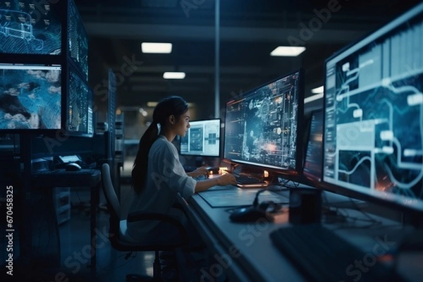 Fototapeta Modern Electronics Development Facility: engineer works on computer with CAD programming software at night