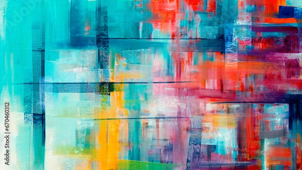 Fototapeta Azure painting on canvas, with accents of red and yellow, hand-drawn artwork in a modern style. Contemporary art in oil paint strokes and coarse brush strokes for large wall