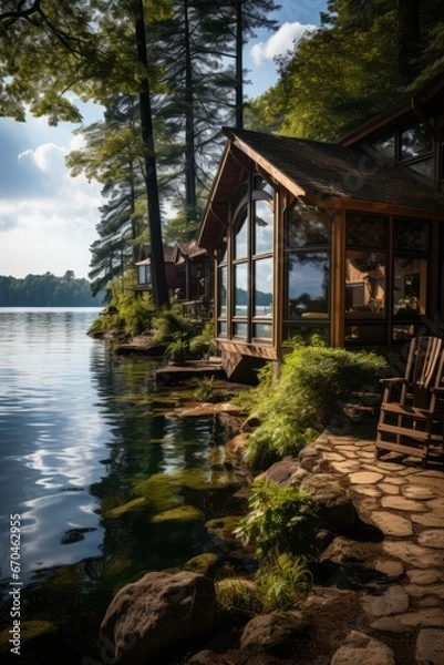 Fototapeta Lakeside cabin house with a stunning view of the water, Generative AI