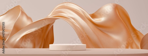 Fototapeta Luxury background for branding and product presentation. Beige color podium on gold fabric flying wave. 3d rendering illustration.