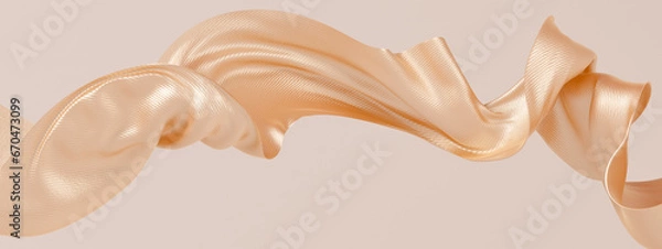 Fototapeta Golden fabric texture, Cloth wave flying movement 3d rendering abstract fashion background.