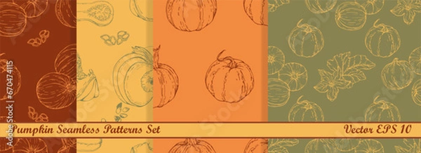 Fototapeta Collection of vector seamless patterns with Pumpkin. Hand drawn textures. Elegant seamless botanical pattern for paper, fabric, wallpaper, surface design