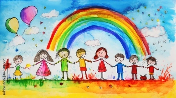 Obraz creative children's drawing doodles in an art school or with a psychologist art therapy test: happy family with children and parents against the background of a rainbow