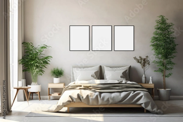 Fototapeta Modern bedroom wall art mockup photography. Very light illuminated minimalist modern interior.