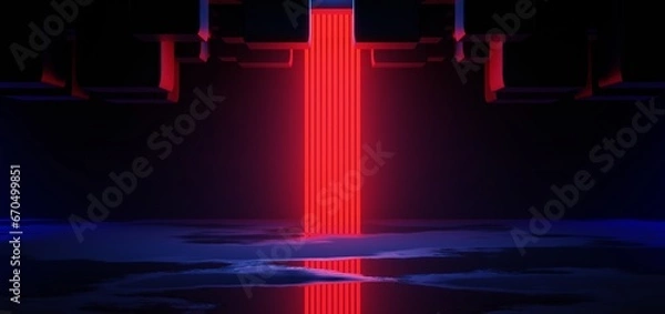 Fototapeta futuristic gaming esports background abstract wallpaper, cyberpunk style scifi game, stage concert scene in pedestal display room, led neon glow light, 3d illustration rendering