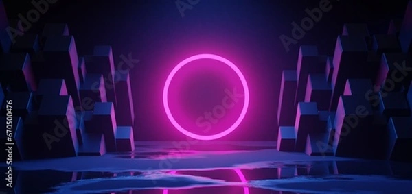 Fototapeta futuristic gaming esports background abstract wallpaper, cyberpunk style scifi game, stage concert scene in pedestal display room, led neon glow light, 3d illustration rendering