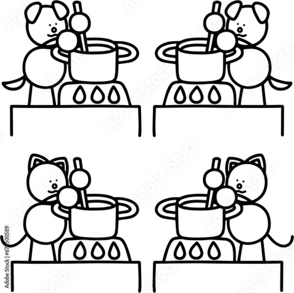 Obraz 鍋料理をするわんまるとにゃんまるの線画セット　犬　猫
