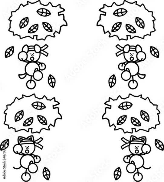 Obraz 紅葉の中でランニングするわんまるとにゃんまるの線画セット　犬　猫
