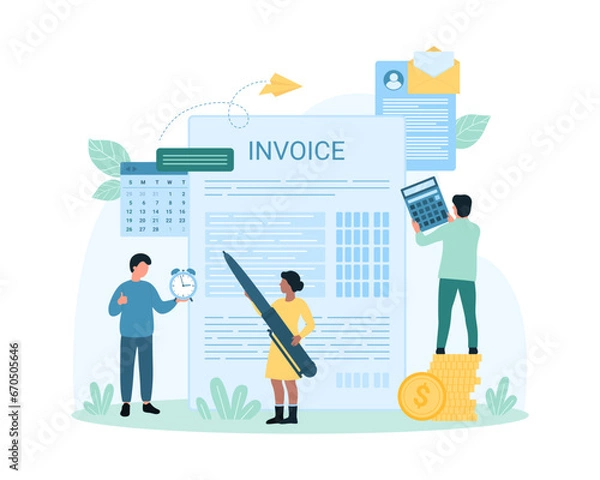 Fototapeta Accounting process, invoice and tax declaration management by accountant vector illustration. Cartoon tiny people holding pen and calculator, clock to work with financial documents, payroll and bills