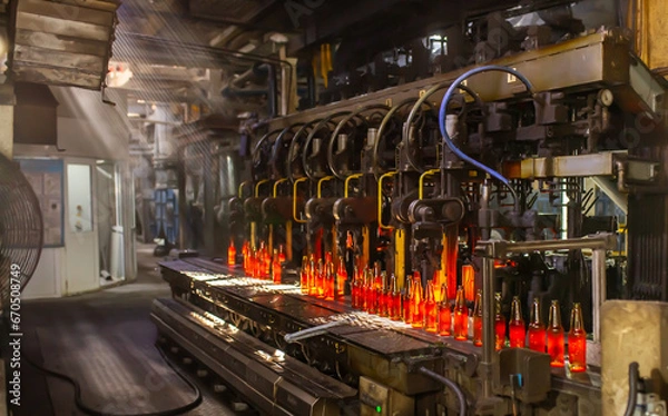 Fototapeta Glass factory, production of glass containers. Molten glass is blown into molds. Robotics in industry. Modern technologies, robotic machines produce products. Technological work at the plant.
