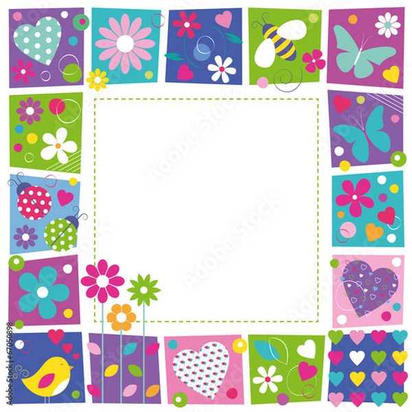 Obraz cute hearts flowers and butterflies border