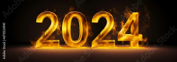 Fototapeta Happy New Year 2024. Large gold numbers on a black background. Banner, poster or greeting card template