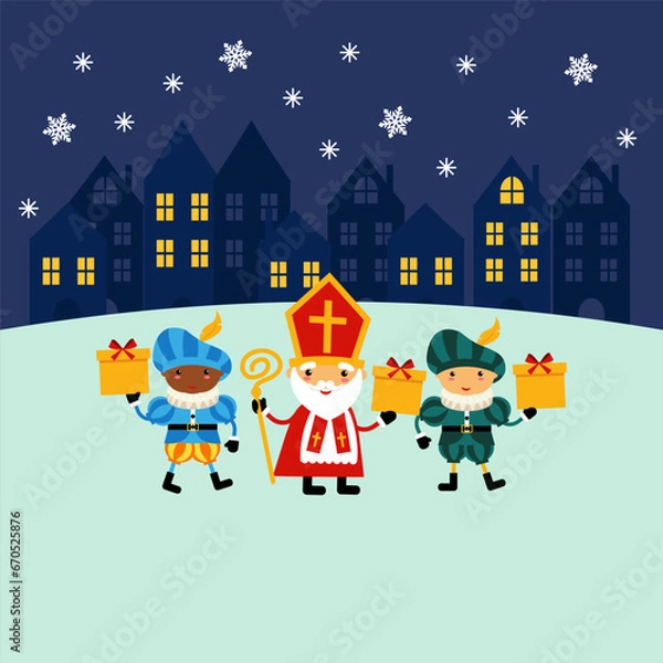 Obraz Saint Nicholas or Sinterklaas and friends celebrate Christmas holiday. Saint Nicholas and Zwarte Piet celebrate Dutch holidays at winter night - vector 