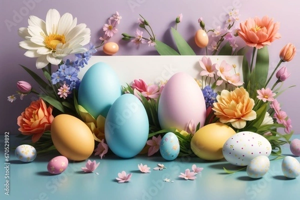 Fototapeta Realistic Easter greeting card, banner with flowers, Easter eggs and and flowers with copy space. Generative Ai.