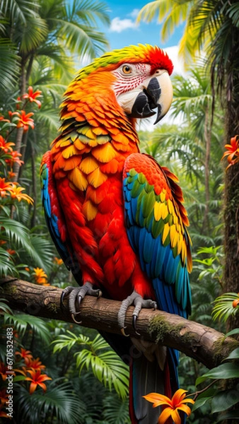 Obraz A beautiful macaw parrot sits on a tree branch in the jungle.
