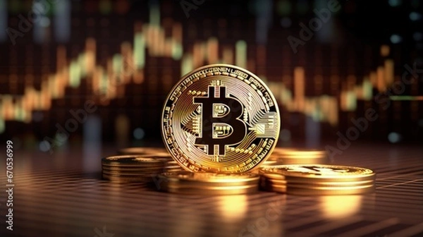 Fototapeta Bitcoin gold coin and defocused chart background. Virtual cryptocurrency concept.