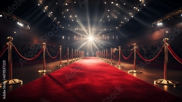 Fototapeta Red carpet rolling out in front of glamorous movie premiere.