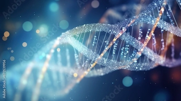 Fototapeta Artifical intelegence DNA molecule. DNA is converted into a digital code. Digital code genome. Abstract technology science, concept artifical Dna. DNA consisting particle, dots, 3D illustration