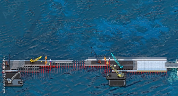 Fototapeta Berth construction. The scene of the construction of a berth with a root part, a pile foundation and equipment (floating and crawler crane, pontoon, drilling rig, vibration loader. 3d-rendering