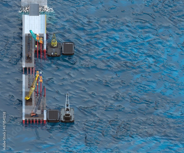 Fototapeta Berth construction. The scene of the construction of a berth with a root part, a pile foundation and equipment (floating and crawler crane, pontoon, drilling rig, vibration loader. 3d-rendering