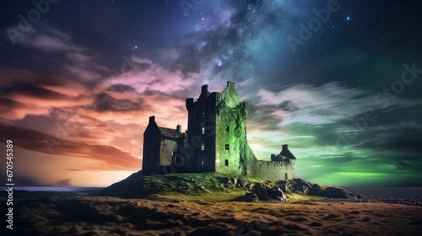 Fototapeta Amaizing castle photography during the night with milkyway and a bit of glow from northern lights.