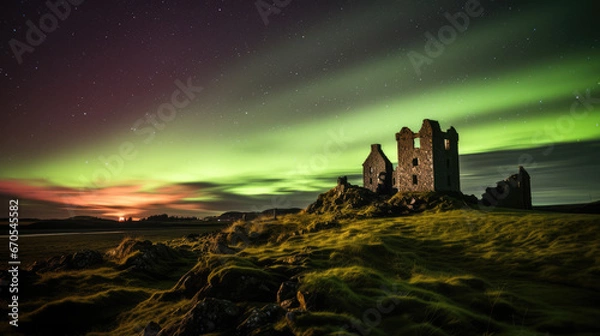 Obraz Castle ruins with aurora borealis. Stunning photo during night.