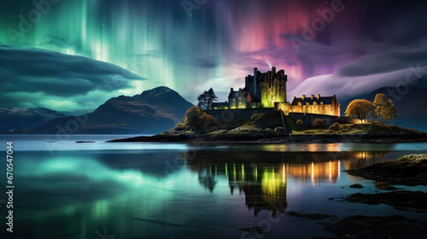 Fototapeta Wonderful looking place with feeling of Eilean Donan Castle with northern lights.
