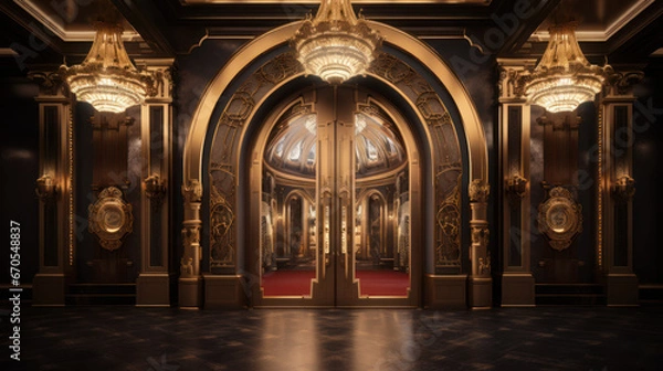 Fototapeta Golden Luxury double door with chandelier. Generative AI