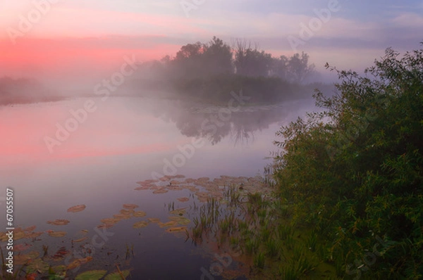 Fototapeta Sunrise over the lake with reflection 