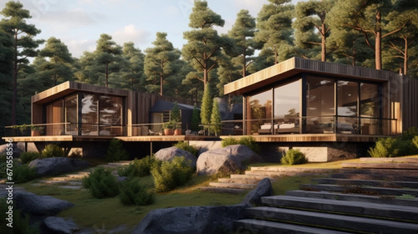 Fototapeta Cozy cabin in woods. Great idea for developers. Large windows and nice view to local landscape.