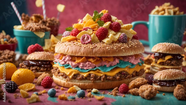 Fototapeta assorted junk food. Unhealthy products. Assortment of fast carbohydrates food.
