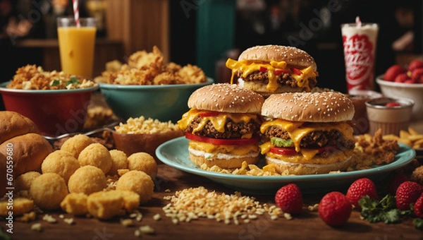 Fototapeta assorted junk food. Unhealthy products. Assortment of fast carbohydrates food.