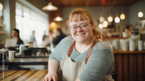 Fototapeta A cheerful coffee shop employee with Down syndrome, standing at the bar, looking joyful and smiling. Happy woman with an intellectual disability working at a local coffee shop