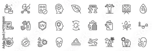 Fototapeta Icons pack as Vaccination passport, Baby carriage and Psychology line icons for app include Uv protection, Sun protection, Bio shopping outline thin icon web set. Plants watering, Stress. Vector