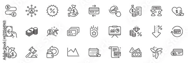 Obraz Icons pack as Finance, Difficult stress and Card line icons for app include Low percent, Volunteer, Accounting outline thin icon web set. Bitcoin mining, Presentation, Money transfer pictogram. Vector