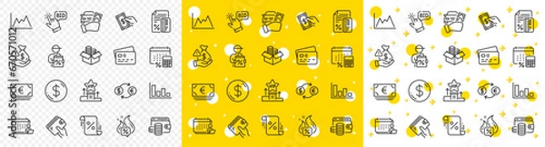 Obraz Outline Pay money, Vip podium and Annual tax line icons pack for web with Accounting, Wallet, Rent car line icon. Hot offer, Card, Euro currency pictogram icon. Bribe, Money box, Bid offer. Vector