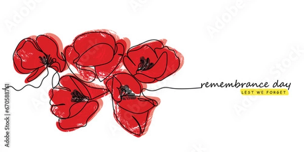 Obraz line art of red poppy flowers . Poster or postcard design of remembrance day in november. Vintage botanical drawing. Hand drawn florals. Lest we forget keep remembering vector.