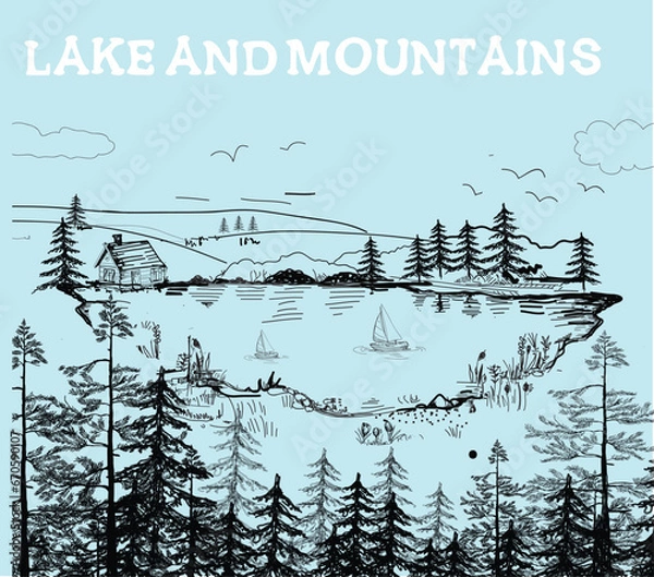 Fototapeta A wooden house by a lake in the mountains, a hand-drawn landscape. Vector graphics of mountains, alps, tatra peaks