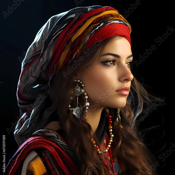 Obraz Portrait of a beautiful oriental girl in profile on a black background. Girl in national bright clothes
