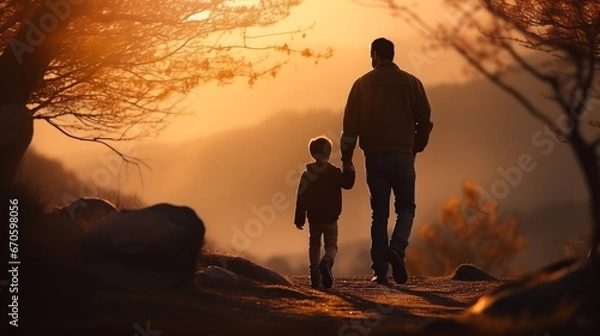 Fototapeta Silhouette photo of father holding his son hand walking together in nature with sunset and mountain scene landscape. Parent and children bonding relation nature learning concept. Generative AI	