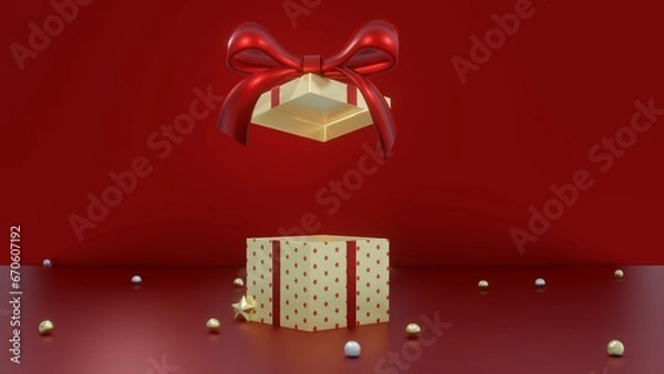 Fototapeta Open Gift Box, Merry Christmas and Happy New Year background. Holiday banner, 3D Render.