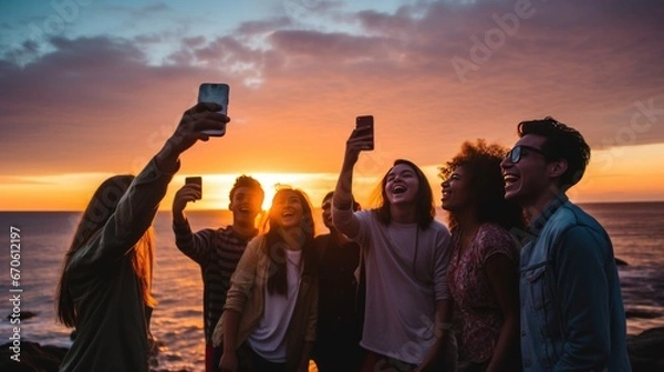 Fototapeta Young people take group selfies with smartphones behind a beautiful sunset and ocean.