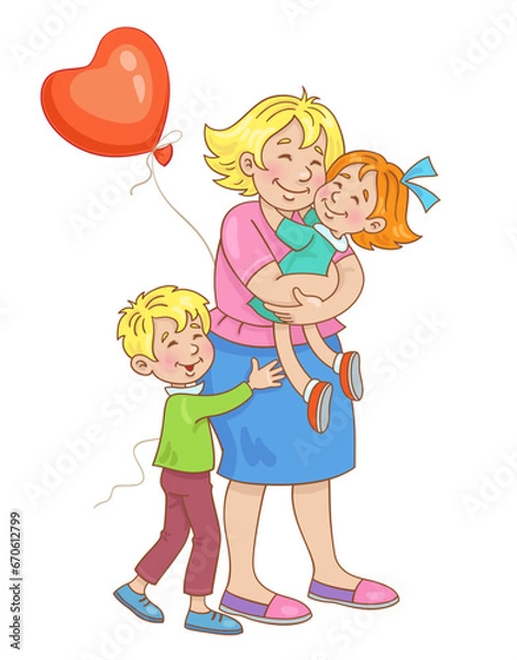 Fototapeta Happy Mother's Day! Happy mother stands hugging her son and daughter. In cartoon style. Isolated on white background. Vector illustration