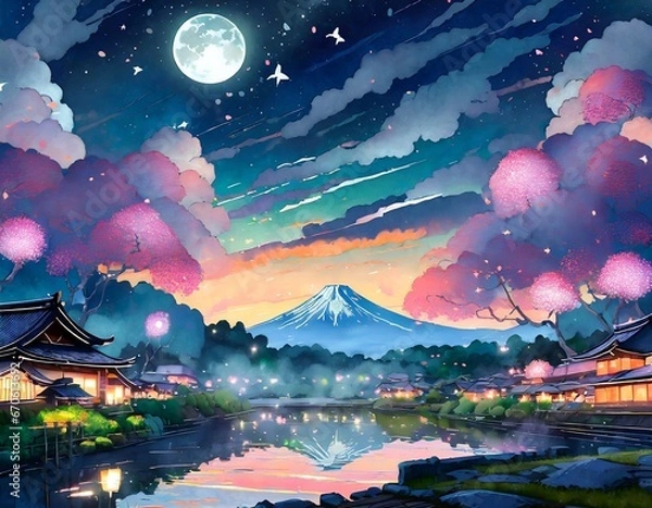 Obraz 幻想的な富士山の夜景
