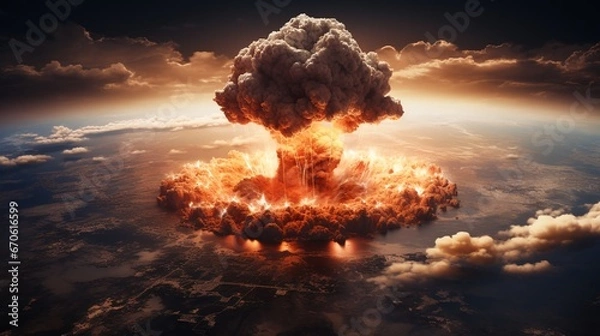 Fototapeta Terrible explosion of a nuclear bomb with a mushroom. Nuclear catastrophe