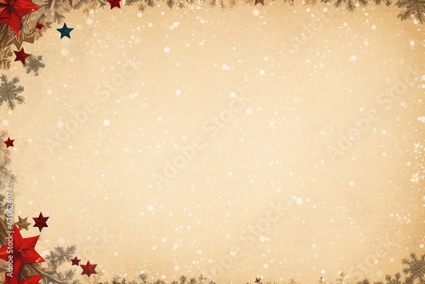 Fototapeta Fondo navideño color crema con estrellas decorativas y copos de nieve con espacio para texto