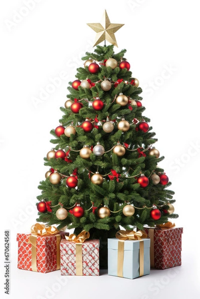 Obraz decorated christmas tree with gifts on isolated white background